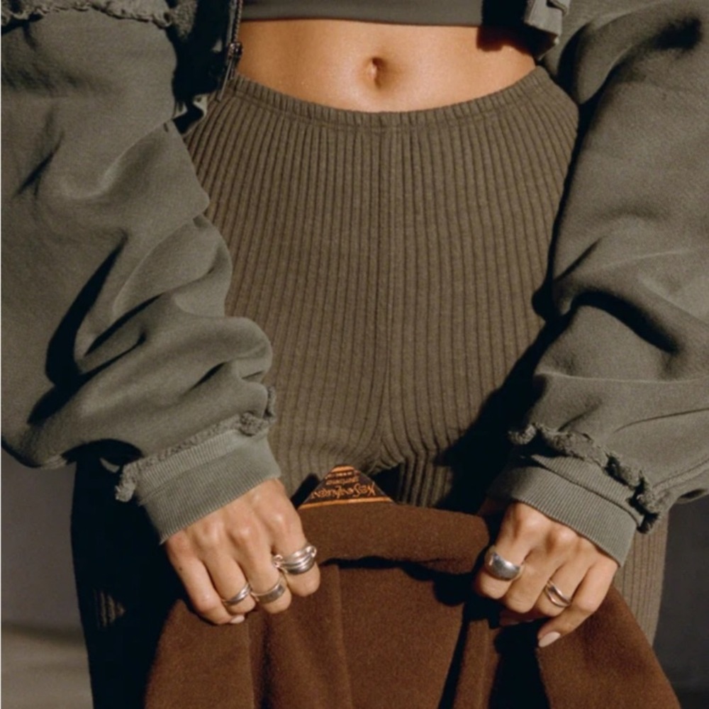 Joah Brown Ribbed Fitted Mini Flare Pants Low Rise Ink S - Picture 3 of 9